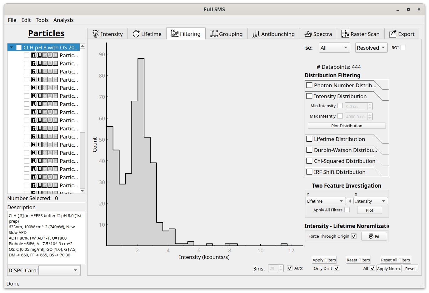 Filtering tab in the GUI showing intensity distribution