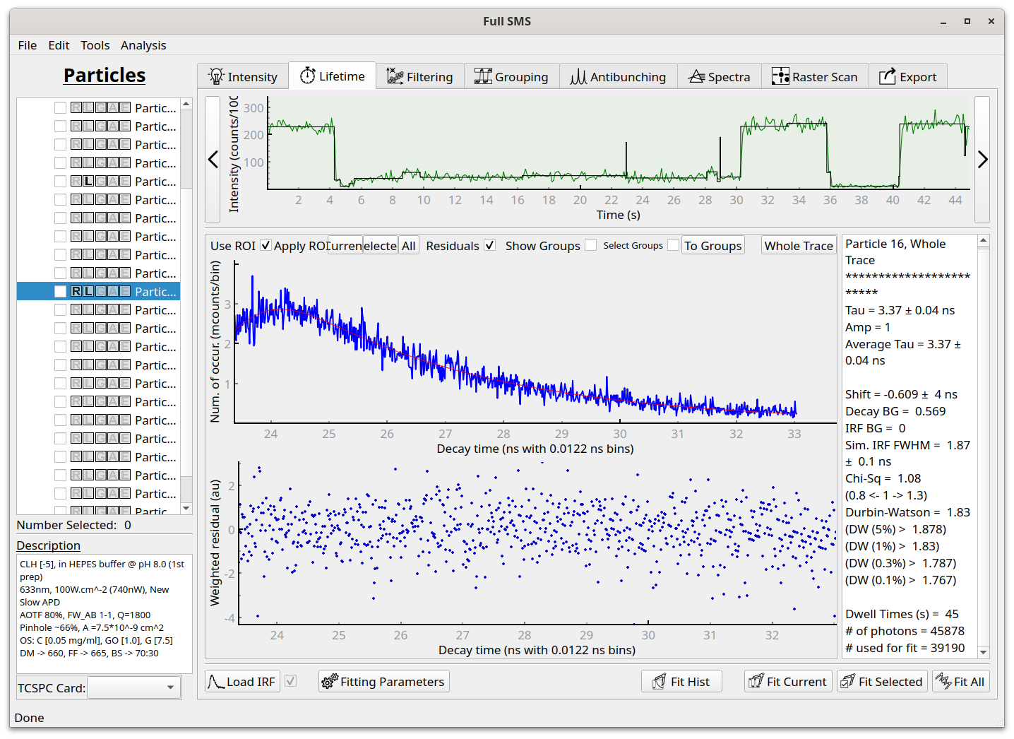 Lifetime tab in GUI after fitting