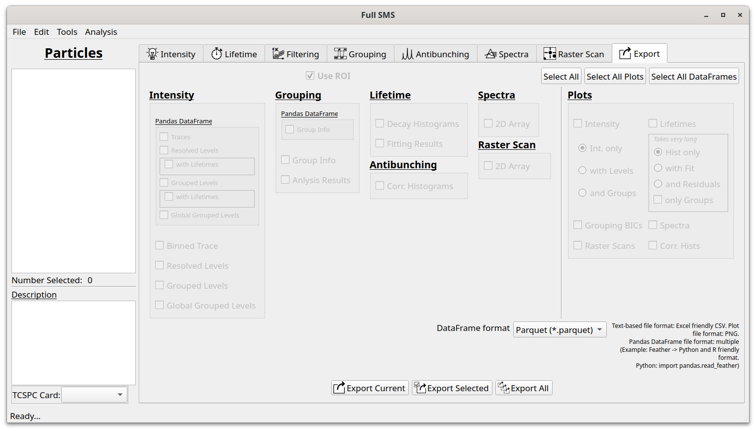 Exporting tab in the GUI